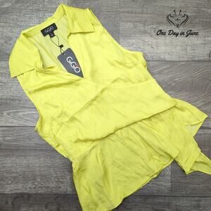 GiGiO Sleeveless Wrap Blouse Neon Yellow Collared Ruffle Top NWT Size S